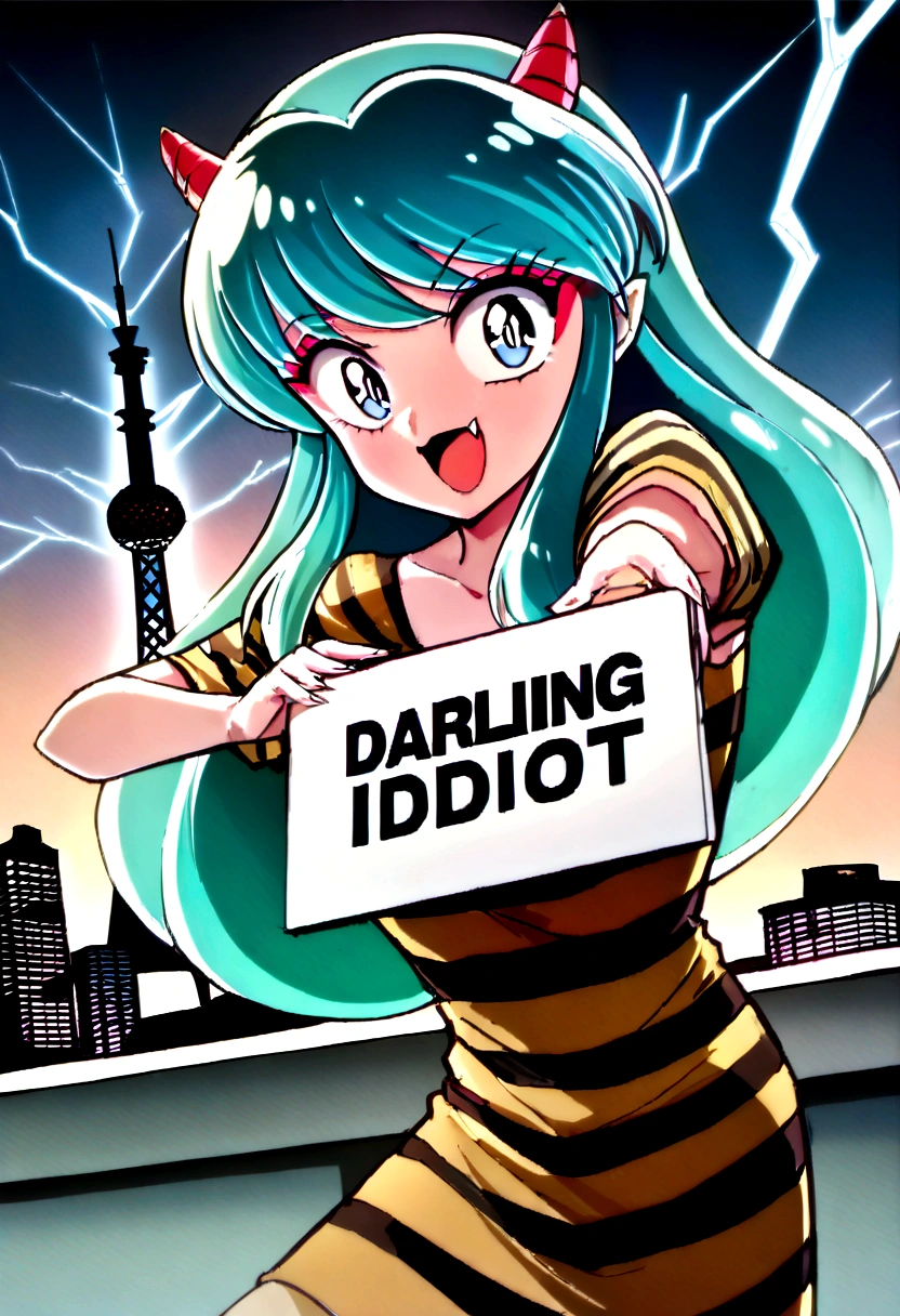 score_9, score_8_up, score_7_up, lum, retro artstyle, 1980s style, blue eyes, eyeshadow, green hair, long hair, horns, bangs, aqua hair, dynamic angle, large round clear aviator glasses, (holding a sign with, text as "DARLING, you idiot!", style_bebas:1.4), looks at the viewer menacingly, aim your hands at the viewer, shoots lightning at the viewer, shocks the viewer with electricity, bares her fangs, Revolving Restaurant, China Central Television Tower, Beijing background, ExpressiveH