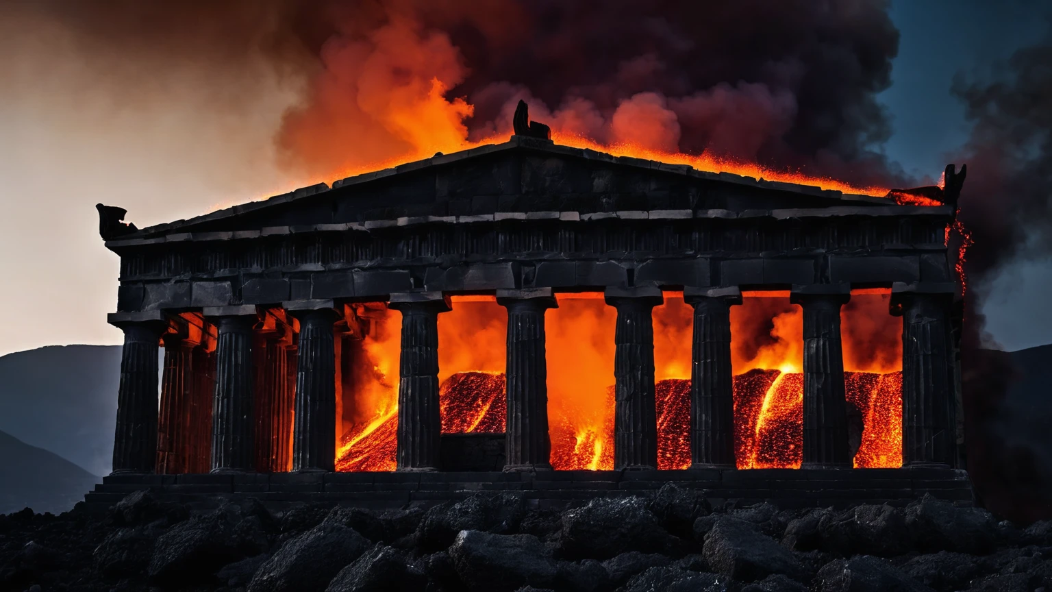 exterior façade of a dark greek temple, brimstone mountains, fire, smoke, lava, volcanos, flaming fields of torment, wildfires, hell, dark night sky, darkness, background