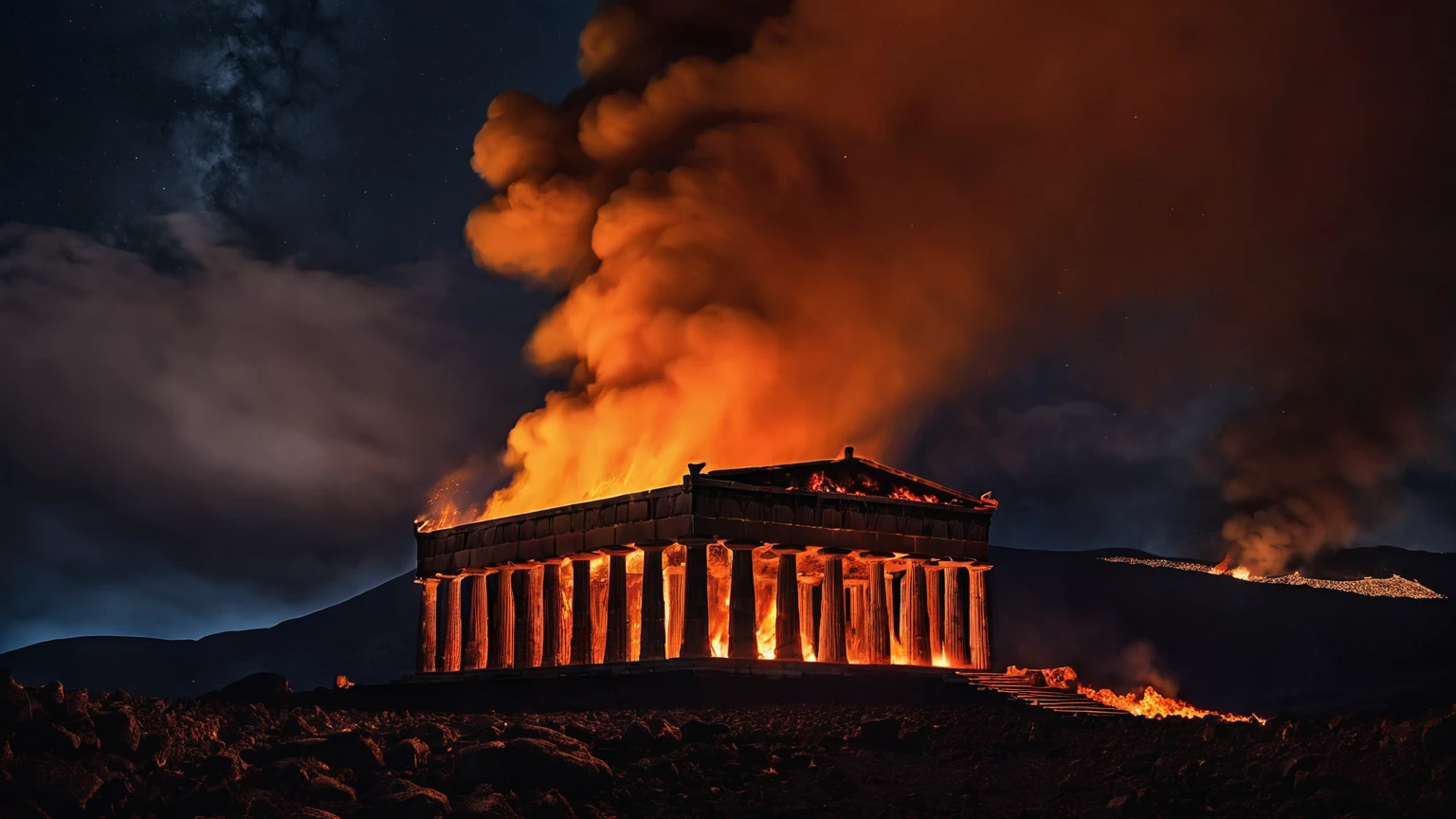 exterior façade of a dark greek temple, brimstone mountains, fire, smoke, lava, volcanos, flaming fields of torment, wildfires, hell, dark night sky, darkness, background