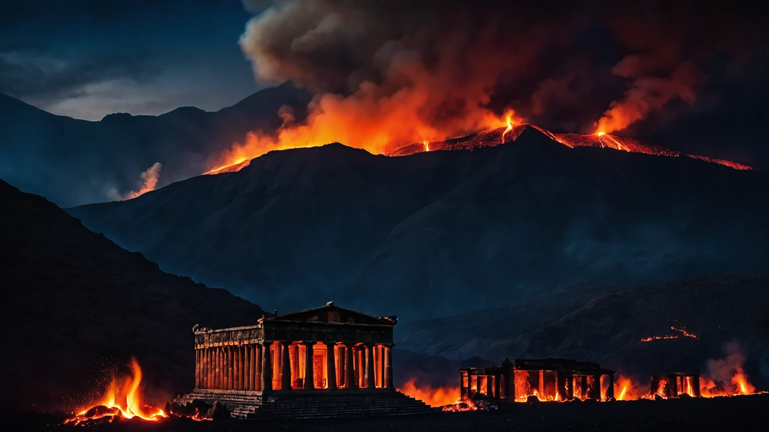 exterior façade of a dark greek temple, brimstone mountains, fire, smoke, lava, volcanos, flaming fields of torment, wildfires, hell, dark night sky, darkness, background