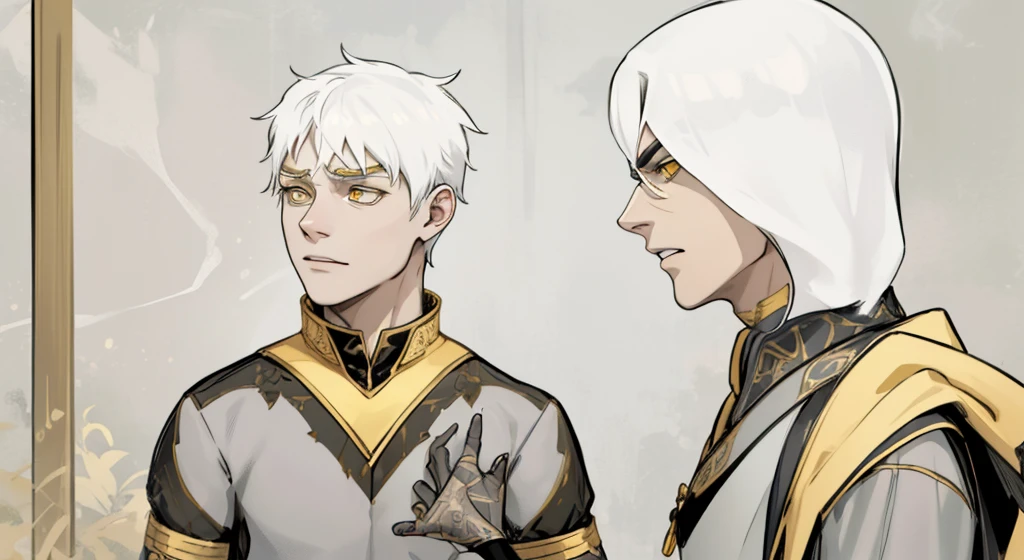 two demigods with white hair, yellow eyes, suits, black tunics with yellow and golden jewelry, they are talking, they are surprised because someone has arrived and seen them, they are a little scared.