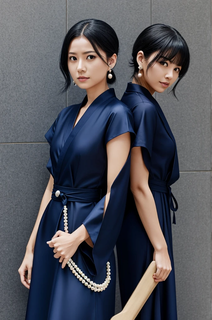 Create Miwa from Jujutsu Kaisen with a navy blue dress with pearls and earrings