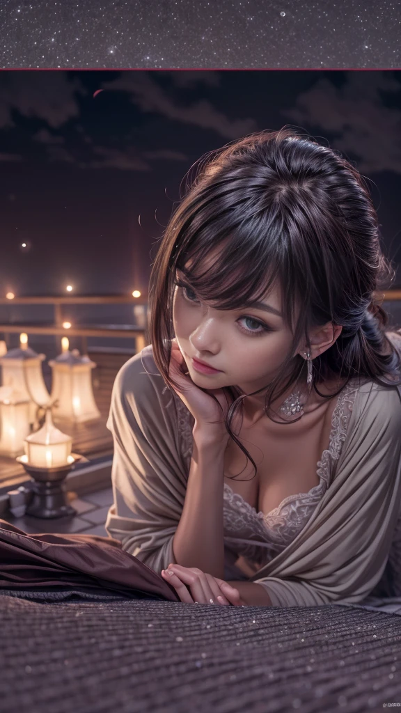 (32k:1.5, Highest quality, masterpiece, Ultra-high resolution), Perfect dynamic composition, Professional camera work:1.6, Very detailedな肌と顔の質感:1.3, Mysterious portrait:1.3, Very accurate, Very detailed, 1 adult female, ((Amazing night view from the rooftop, The moonlight at night illuminates my body)), (Satin Nightgown:0.5), Incredibly slim body, Fair skin, elegant features, Expressions of sadness, (Big eyes that exude beautiful eroticism:0.8, Sad expression:1.0, I love you with all my heart:0.8, Open your mouth a little, lipstick, Feel the beautiful eroticism:0.8), (Wet dark brown medium length hair), Candles, The chest is medium, Earrings, necklace, bracelet, romantic, Tilt, sit, ((Adult charm, Feminine charm, Hair blowing in the wind))