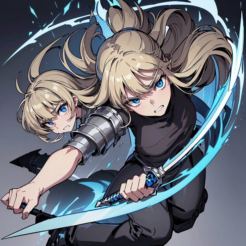 (((Solo)))、(Full body character concept)、Highest quality, Best Quality、(((Gray simple armor、Black trousers))、(woman、18-year-old)、(Blonde、Long Hair)、(White background)、(get annoyed、Grit your teeth)、(From below)、Glowing blue aura、(sword、Deathblow、flash)、Movement angle、(From above at an angle)、Kneel