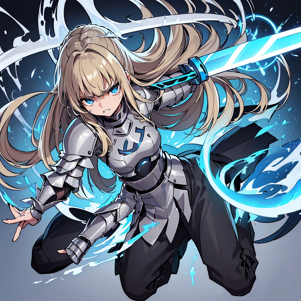 (((Solo)))、(Full body character concept)、Highest quality, Best Quality、(((Gray simple armor、Black trousers))、(woman、18-year-old)、(Blonde、Long Hair)、(White background)、(get annoyed、Grit your teeth)、(From below)、Glowing blue aura、(sword、Deathblow、flash)、Movement angle、(From above at an angle)、Kneel