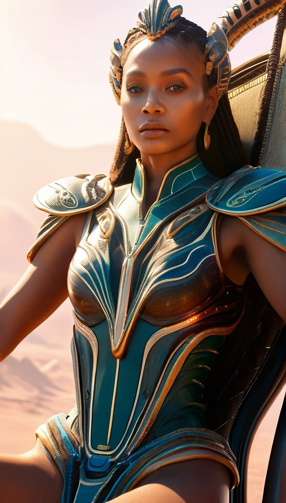 A highly detailed sci-fi queen of an alien planet, sitting on a majestic space throne, (best quality,8k,high resolution,masterpiece:1.2),ultra-detailed,(realistic,photorealistic,photo-realistic:1.37),HDR,UHD,studio lighting,ultra-fine painting,sharp focus,physically-based rendering,extreme detail description,professional,vivid colors,bokeh,cinematic lighting,dramatic shadows,alien architecture,glowing space elements,ethereal atmosphere,volumetric lighting,alien flora and fauna,hyper realistic,intricate details,dynamic pose,regal and majestic,elegant and sophisticated,glowing energy aura,piercing gaze,detailed facial features,flowing hair,ornate throne,advanced technology