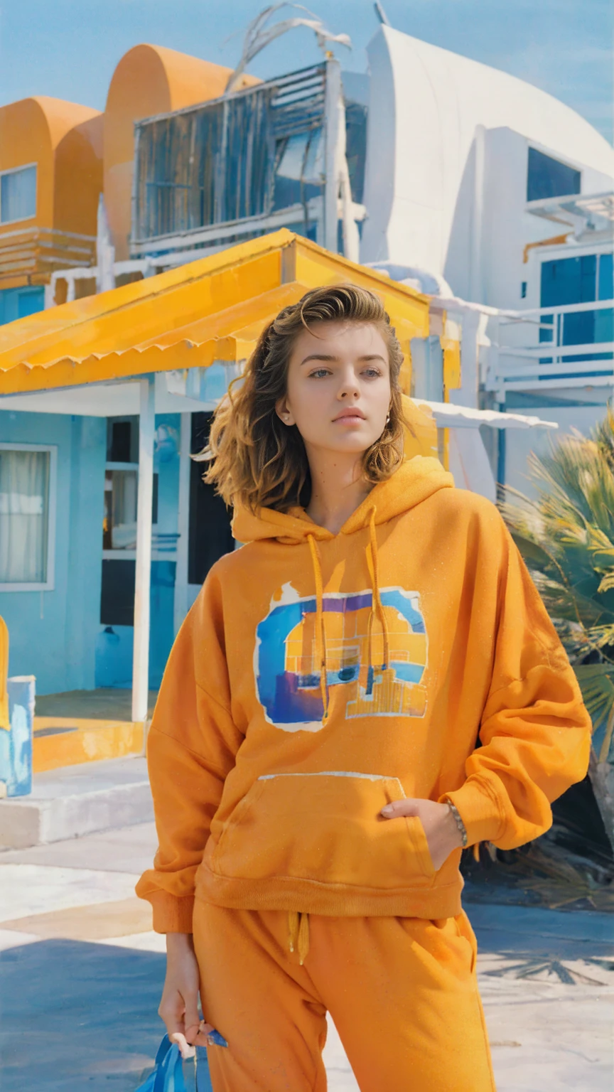 8K, 1girl, beautiful, messy hair, (orange oversize hoodie), oversize_shirt, sweatpants,, close up, look at viewer, (((80's architecture colorful motel))) ,palm trees, blue sky, sunny summer, los angles vibes (photorealistic:1.2), (ultra realistic:1.3), (very detailed:1.1), ((masterpiece)),
