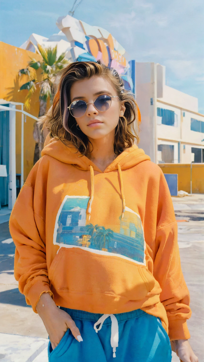 8K, 1girl, beautiful, messy hair, (orange oversize hoodie), oversize_shirt, sweatpants,, close up, look at viewer, (((80's architecture colorful motel))) ,palm trees, blue sky, sunny summer, los angles vibes (photorealistic:1.2), (ultra realistic:1.3), (very detailed:1.1), ((masterpiece)),