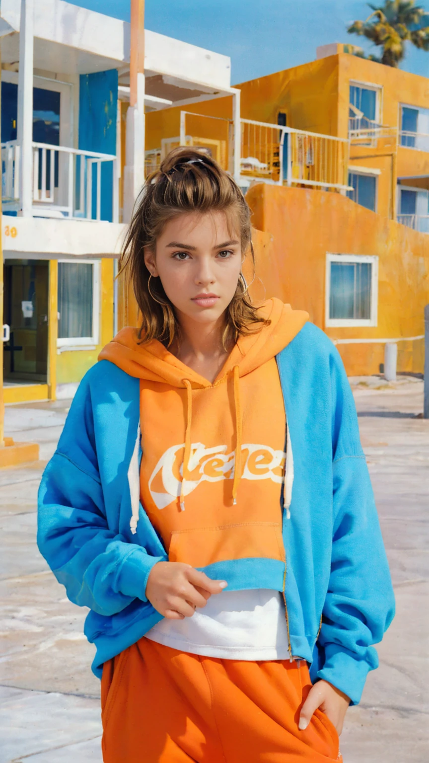 8K, 1girl, beautiful, messy hair, (orange oversize hoodie), oversize_shirt, sweatpants,, close up, look at viewer, (((80's architecture colorful motel))) ,palm trees, blue sky, sunny summer, los angles vibes (photorealistic:1.2), (ultra realistic:1.3), (very detailed:1.1), ((masterpiece)),
