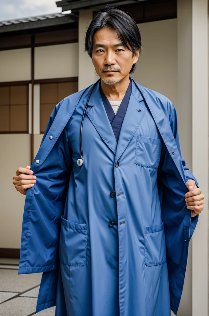 : A dignified, middle-aged Japanese man in a doctor's coat, symbolizing his profession and cultural background