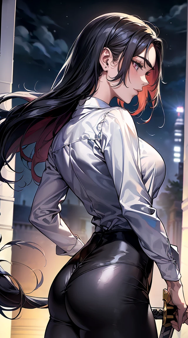 Masterpiece, Best Quality, (perfect anatomy,realist:1.3,from behind, big ass, facial focus,(without looking at the viewer:1.2), (1 girl in:1), 1 woman, (big breasts:1.2), sexy body, thin waist, Attractive front curves, round and soft chest, disgusted face, (black fur:1.6, Waist length hair), evening, Heavy Rain, exterior, City, crop top, (White long sleeve collar shirt:1.4), (ripped shiny black leggings), (torn clothes), blood stains, Dark alley, blood splattered on the floor, bright red light, bright Eyes, depth of field, night sky, Atmosphere, perfect hands