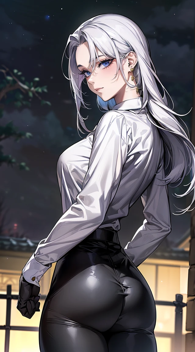 ((monsters looming:1.7、Woman fighting zombies))、((perfect anatomy,realist:1.3,from behind, facial focus,(looking at the viewer:1.2), Masterpiece、of the highest quality、Ultra - high resolution、high resolution、Very detailed CG、8k)),cowboy shot,1 female,Alone,18 years、High school girl swordsman、18 yearsの美少女,Japanese,(((Beautiful face and detailed eyes:1.3,big and beautiful eyes:1.5,grey eyes,shy))),black fur, wide,(center parted hair, forehead),(big breasts, Skinny body,small head:1.3,Skinny),((Oily skin)),(glowing skin,shiny skin),(shiny black leggings、(white long sleeve collared shirt:1.4)、dynamic pose,Cut zombies with a sword、Fighting with Japanese swords、Accurately depicted Japanese sword、callejon、At night、Moonlight、SUCH、
