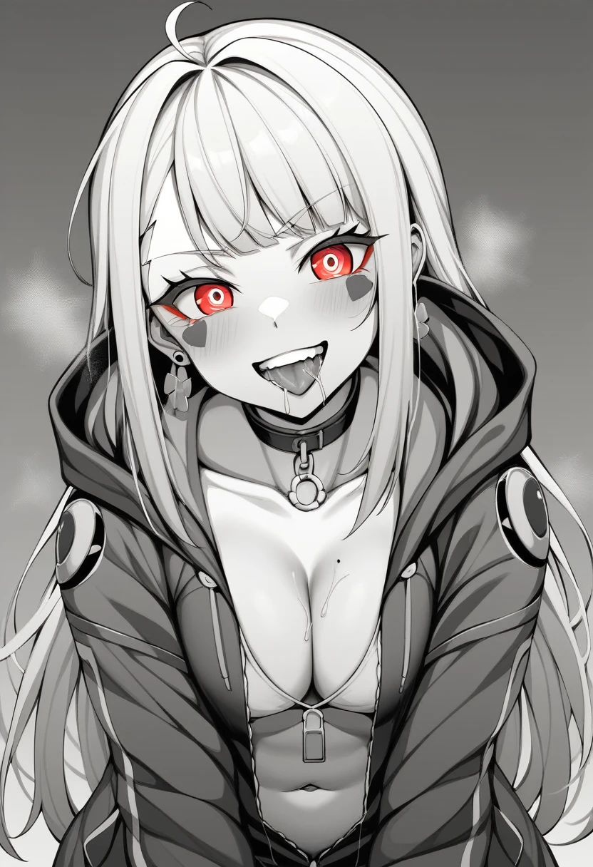 (masterpiece:1.2)、Highest quality、PIXIV、Rebellious girl、One girl、Open your mouth、鋭いteeth、teeth、Long Hair、Street background、gem、badge、ボタンbadge、Food、Bright red eyes、Earrings、Jacket、eyelash、Foodを下にして、Upper Body、Characters in clothes、zipper、collar、cable、chain、Stickers、hoodie、smile、Focus on the viewer、Chest in the center、Shoulder Bare、Belly button、Black and white hair color,leaning forward,Cyberpunk city,Night view,Black and white grey outfit,Overflowing drool、saliva、White Breath、Sigh