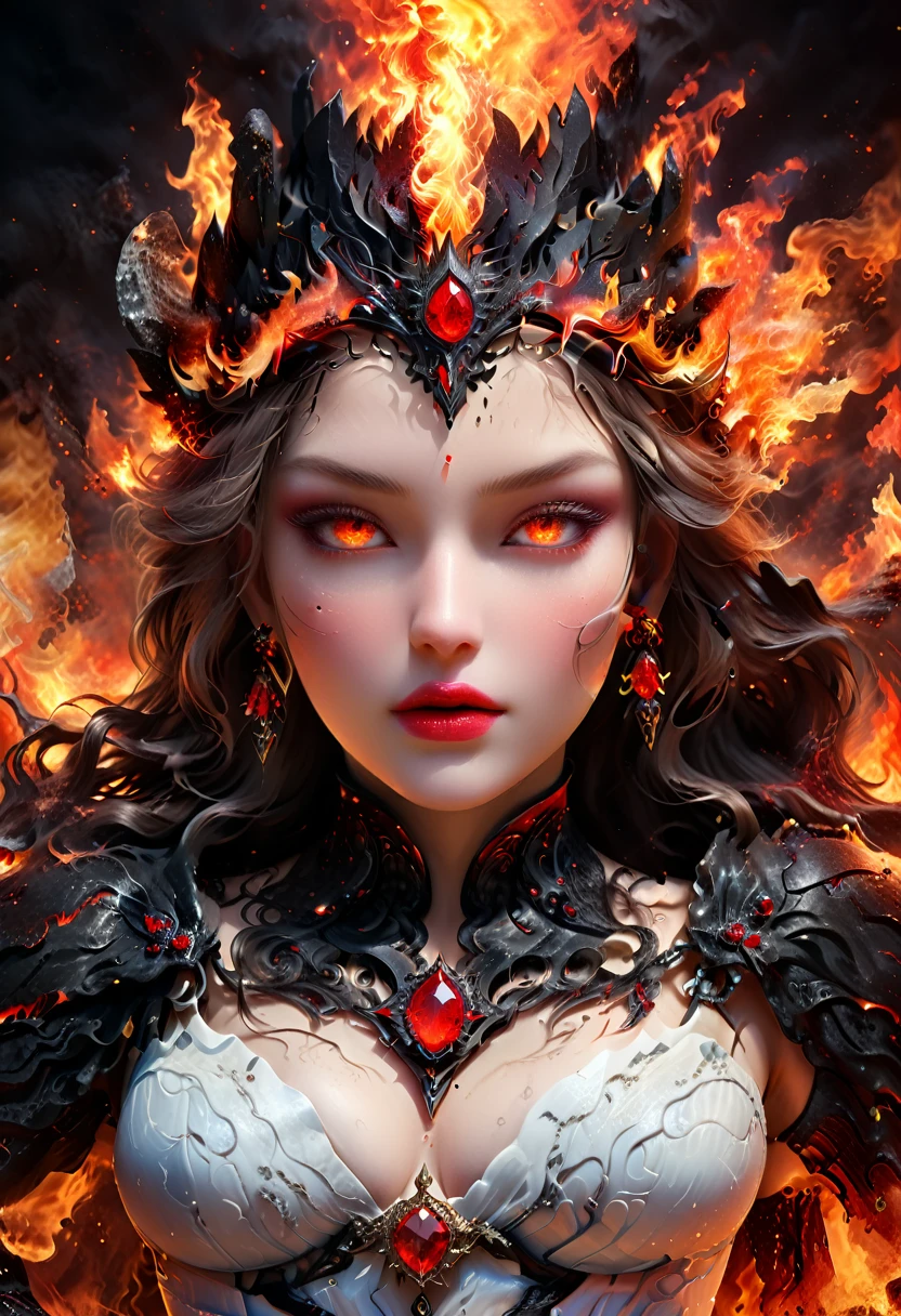 Arafed a picture of the queen of demons, in the halls of hell, a demons queen magnificent and full of awe, black hair, long hair, flowing hair, bold intense eyes, extremely exquisite beautiful queen, perfect body, (anatomically correct: 1.3), ultra feminine, ultra detailed face, black lips, fiery glowing eyes, (demonic horns from head: 1.1) , (red skin: 1.3), dynamic angle, there is (golden crown on her head: 1.1) , studded with diamonds and rubies, the hall of the queen of hell background, (masterpiece: 1.4) intense details, highly detailed, photorealistic, best quality, highres,16k, [ultra detailed], masterpiece, best quality, (extremely detailed), close up, ultra wide shot, photorealistic, RAW, fantasy art, dnd art, fantasy art, realistic art,((best quality)), ((masterpiece)), (detailed: 1.5), ral-ntrgmstn, faize
