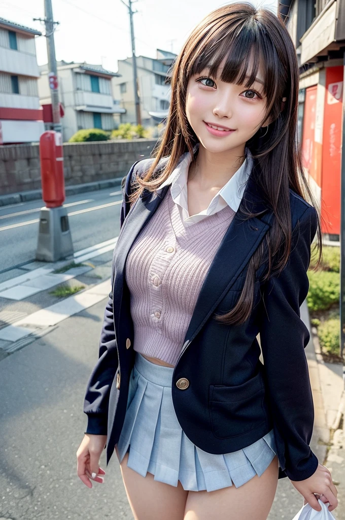 One Woman、((Standing wearing a blazer and miniskirt school uniform))、,((small breasts)),Highest quality、Very delicate and beautiful、((Very short bangs))、((Bangs))、Shiny black hair、Highest quality、Very delicate and beautiful、((Very short bangs))、((blunt bangs))、((long hair))、Cute face、Young face、Cute like an idol、Are thin、Slim figure、slender、Short、 body type、((The background is a Japanese townscape))、Thighs、Photographed from the front、The best smile、