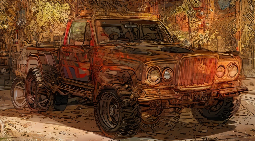 ((Best Quality)), ((masterpiece)), Highly detailed, 8K, red 6x6 heavy pickup truck, red dirty matte paint, boxy angles, boxy 80s design, ((2 pairs of back wheels:1.3)), bright showroom, cel-shaded, line art, bold black outlines, comic style, inkpunk, bright photoshoot lighting, ((isometric symmetry:1.2))