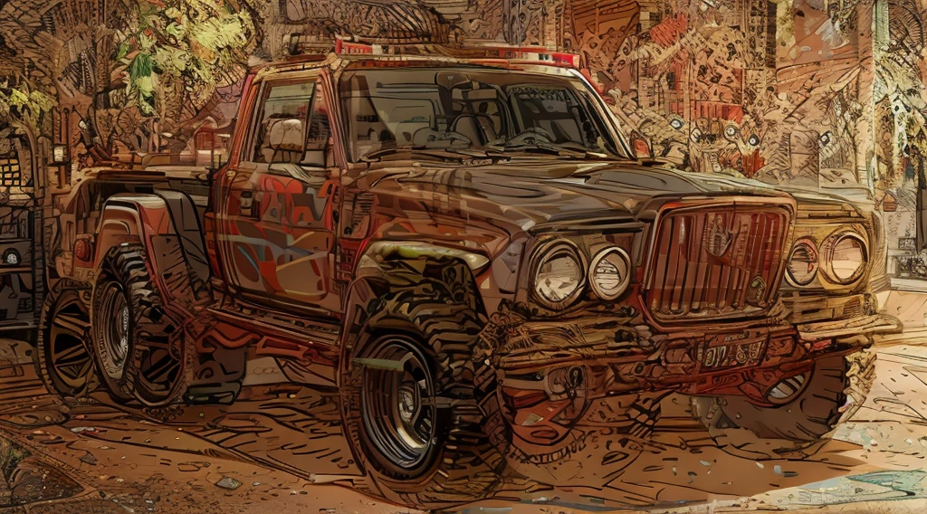 ((Best Quality)), ((masterpiece)), Highly detailed, 8K, red 6x6 heavy pickup truck, red dirty matte paint, boxy angles, boxy 80s design, ((2 pairs of back wheels:1.3)), bright showroom, cel-shaded, line art, bold black outlines, comic style, inkpunk, bright photoshoot lighting, ((isometric symmetry:1.2))