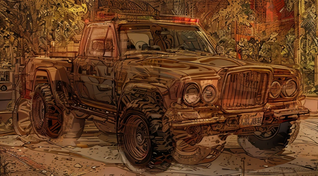 ((Best Quality)), ((masterpiece)), Highly detailed, 8K, red 6x6 heavy pickup truck, red dirty matte paint, boxy angles, boxy 80s design, ((2 pairs of back wheels:1.3)), bright showroom, cel-shaded, line art, bold black outlines, comic style, inkpunk, bright photoshoot lighting, ((isometric symmetry:1.2))