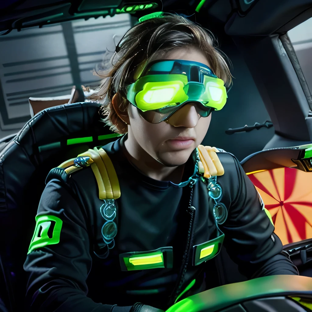 best quality, ultra-detailed, realistic, (1man), (black shirts:1.3), (fluorescent goggles:1.8), (fluorescent cockpit:1.8),