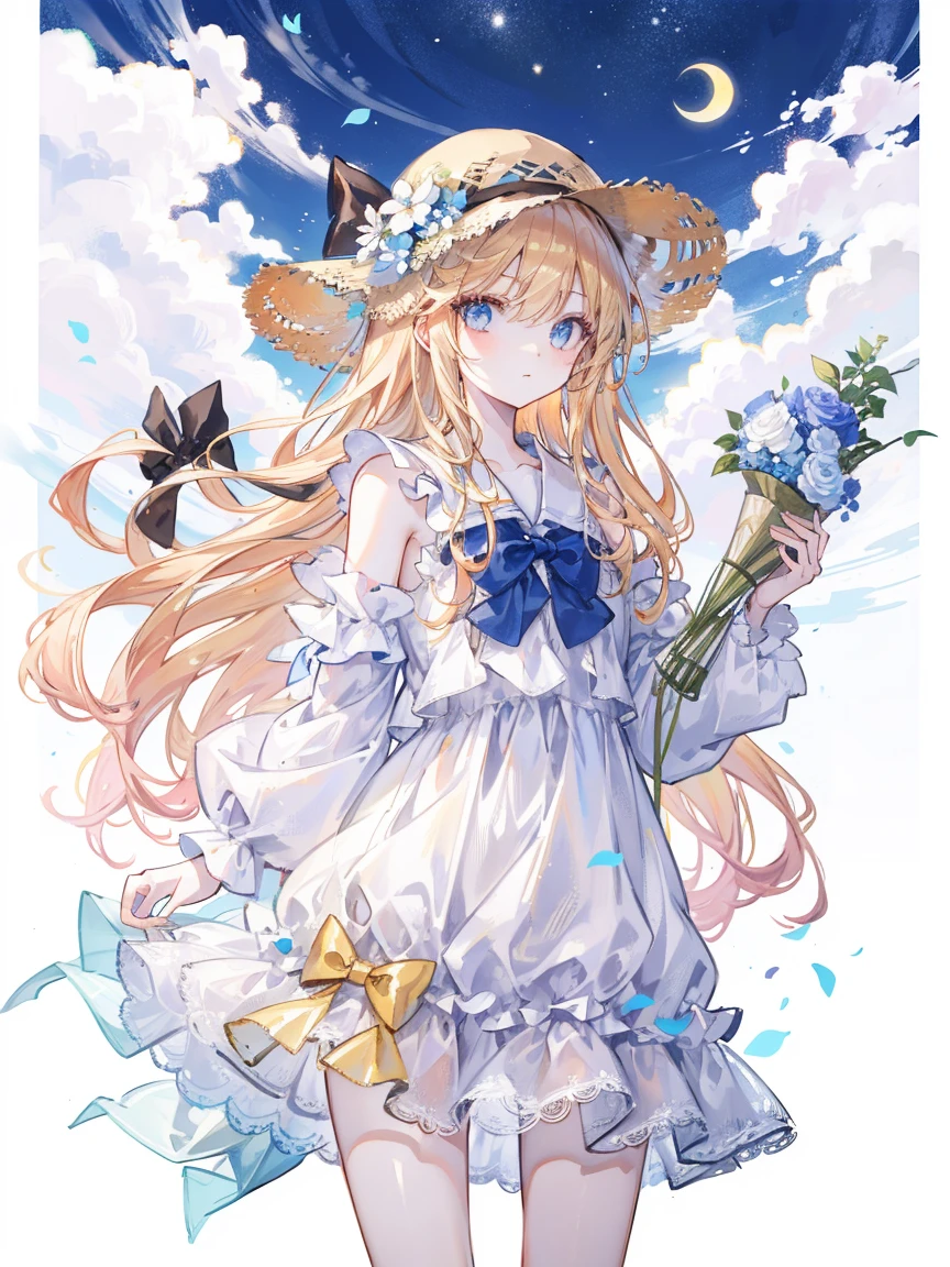 chedevr，Highest image quality，1 girl，long golden hair，blue eyes，Bucket hat，white slip dress，Bow knot，Flower sea