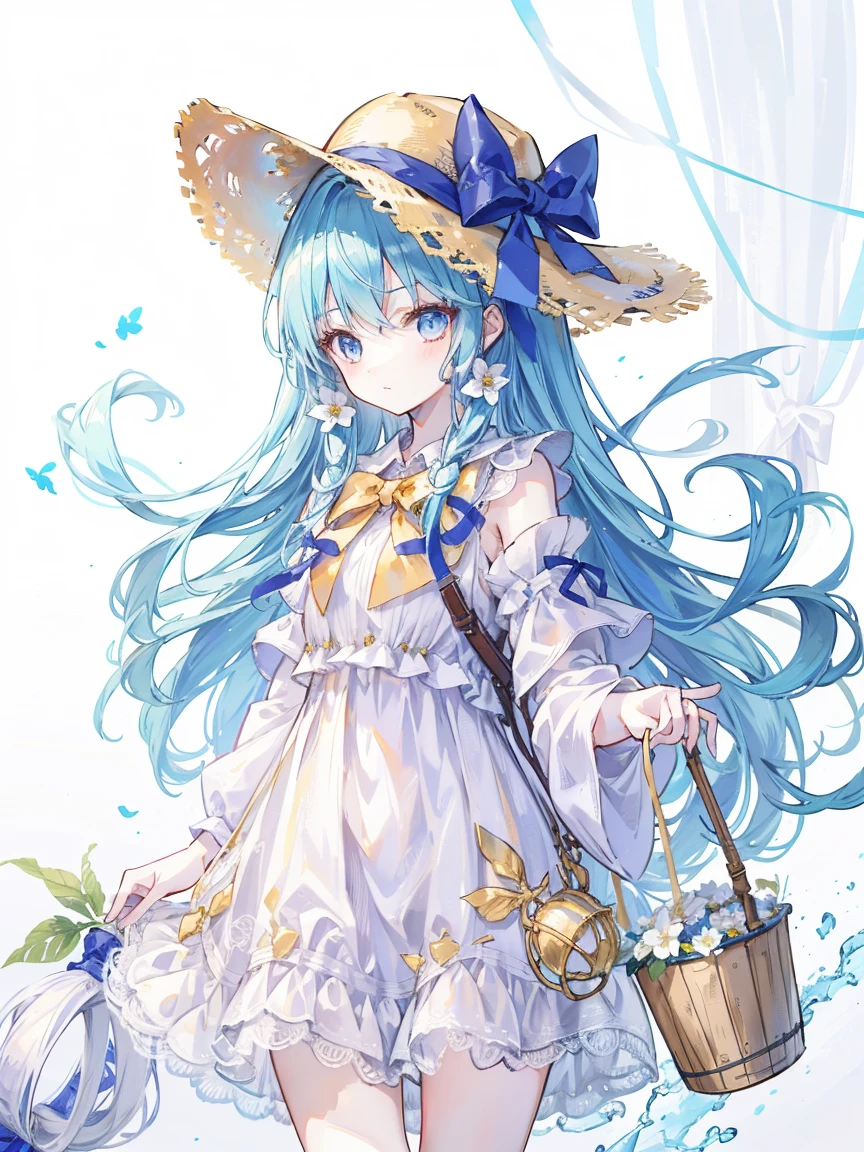 chedevr,Highest image quality,1 girl,long golden hair,blue eyes,Bucket hat,white slip dress,Bow knot,Flower sea