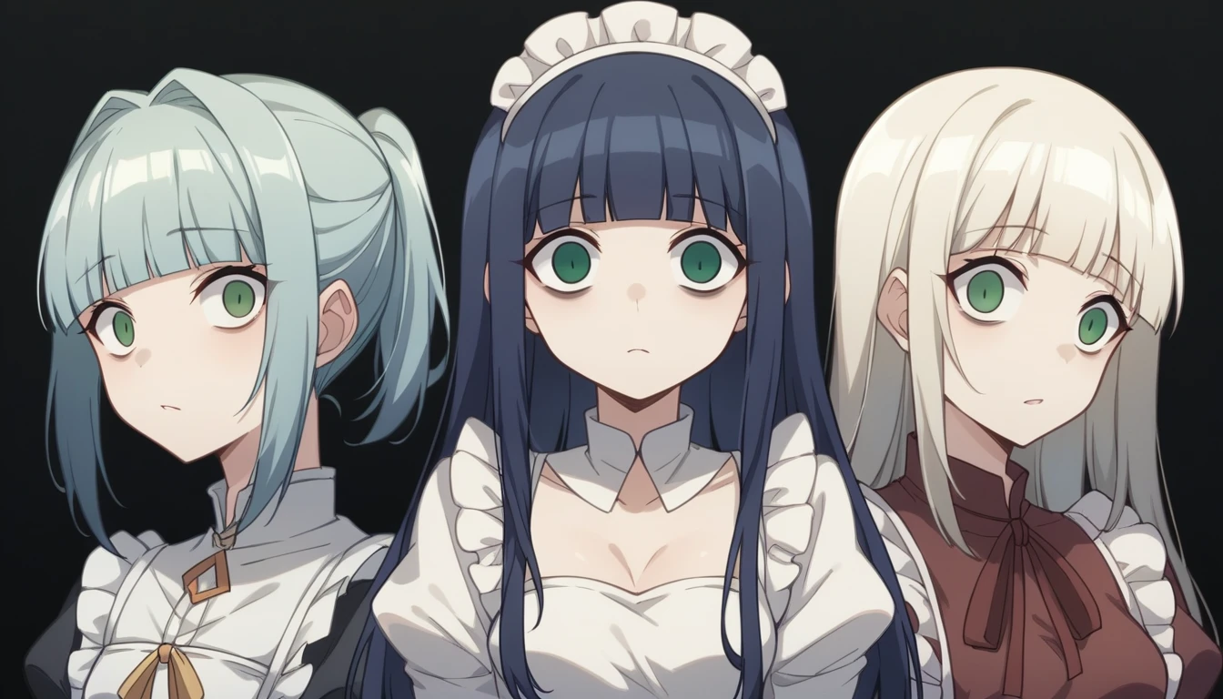 ((T Masterpiece,8KWallpaper,Best Quality、girl1people、13 years old, Childlike))、(Dark Blue Hair、long, Blunt Bangs),((Hollow Eyes,Green Eyes, Dashed eyes))、Small breasts 、The line of sight is this, (Yandere)、Maid clothes、Close-up of face、Black Background、Insanity、Dark Persona、Cleavage、The background is a large medieval mansion.、Late Night