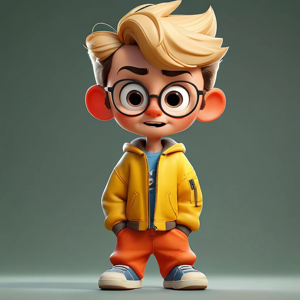A beautiful young 3 years boy old , full body image of a cute little boy realistic, vivid colors octane render trending on artstation, united colour background wall, wearing glasses and a yellow jacket, beautiful 3 d rendering, pixar cute, inspired by Du Qiong, blond boy, andrew dickson , realistic, 3D, cartoon style, well shaded, smooth, Pixar, Lexica Aperture v.3,5.