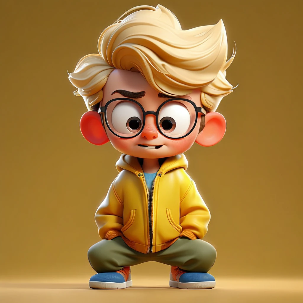 A beautiful young 3 years boy old , full body image of a cute little boy realistic, vivid colors octane render trending on artstation, united colour background wall, wearing glasses and a yellow jacket, beautiful 3 d rendering, pixar cute, inspired by Du Qiong, blond boy, andrew dickson , realistic, 3D, cartoon style, well shaded, smooth, Pixar, Lexica Aperture v.3,5.