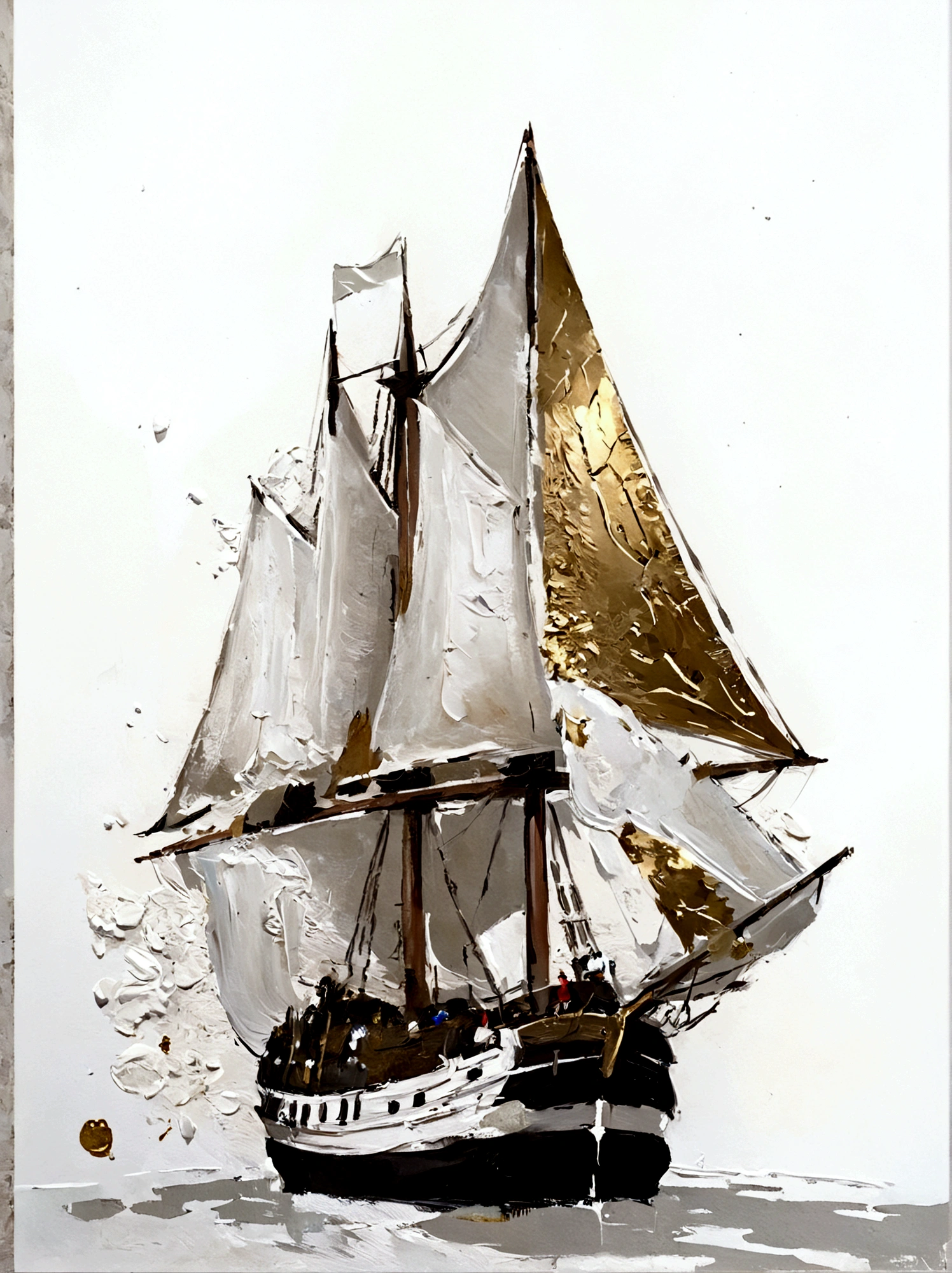 Galleon，Gold Leaf，bright，White background，real，emotion，Thick textured paint, 
