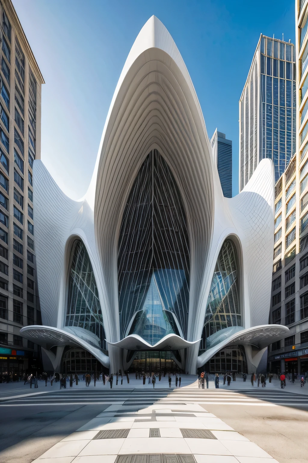 ((Best Quality)), ((Masterpiece)), (detailed), Front facade exterior far away view, concert hall in a the center of cosmopolitan city, organic form, forma parametric, white and modern materials, large crystals, zaha hadid architects ola shape, minimalistic curves