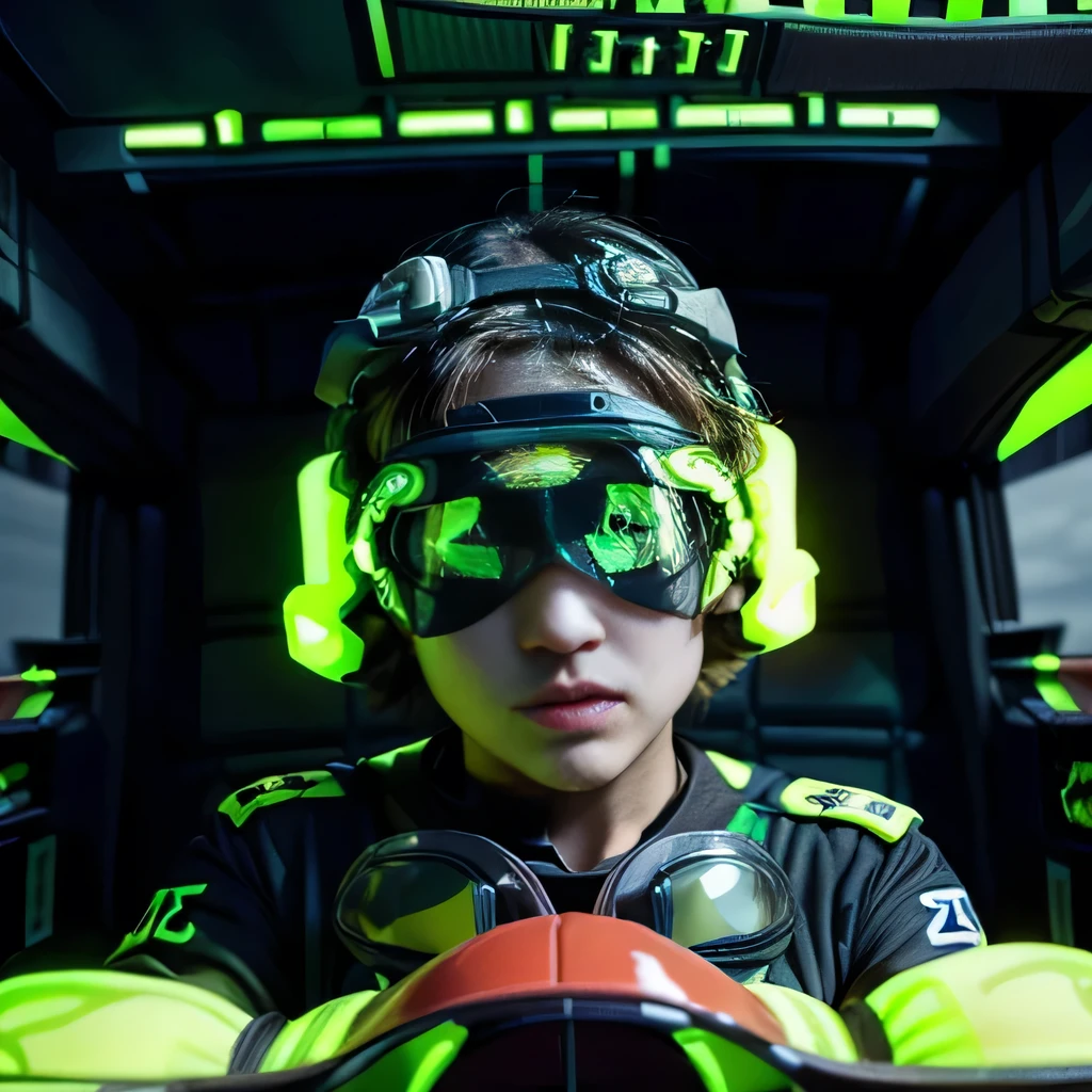 best quality, ultra-detailed, realistic, (1man), (black shirts:1.3), (fluorescent goggles:1.8), (fluorescent cockpit:1.8),(galaxy)