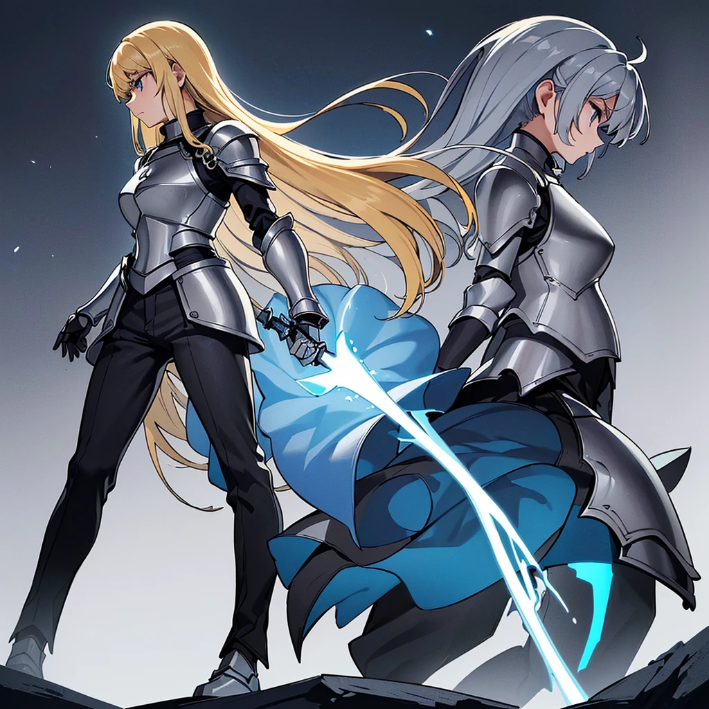 (((Solo)))、(Full body character concept)、Highest quality, Best Quality、(((Gray simple armor、Black trousers))、(woman、18-year-old)、(Blonde、Long Hair)、(Simple Background)、(Expressionless)、(From below)、Glowing blue aura、Intense light、、meteor、Movement angle、(From the side、profile)、Are standing