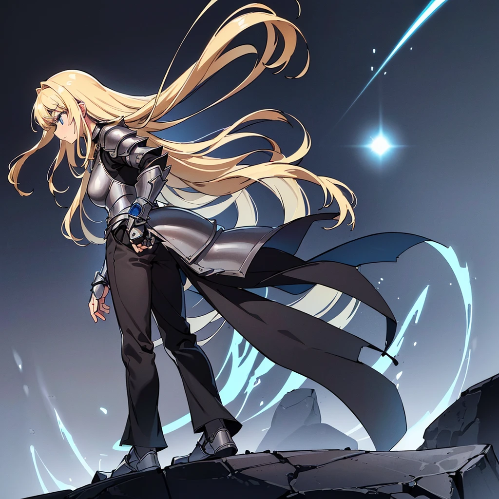(((Solo)))、(Full body character concept)、Highest quality, Best Quality、(((Gray simple armor、Black trousers))、(woman、18-year-old)、(Blonde、Long Hair)、(Simple Background)、(Expressionless)、(From below)、Glowing blue aura、Intense light、、meteor、Movement angle、(From the side、profile)、Are standing