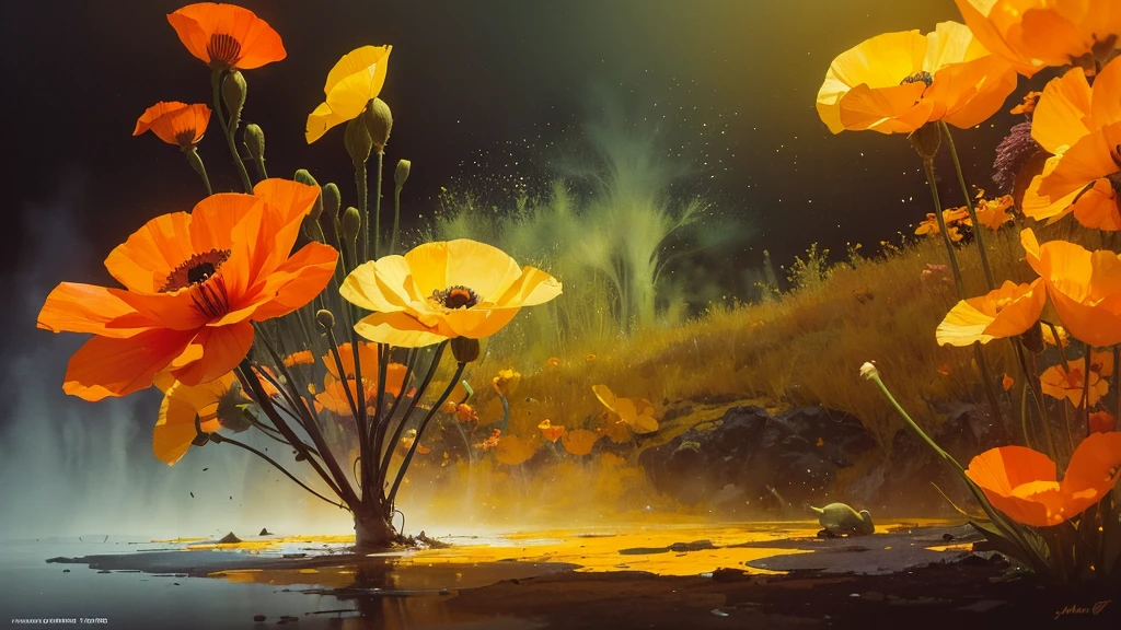 32k, Masterpiece, Highest quality, One girl, Detailed eyes, flower,Iceland Poppy, Orange and yellow style,A dreamy, romantic piece,Pale yellow, Mysterious Leaves,A playful arrangement,Fantasy,High Contrast,Ink strokes,explosion,Exposure, Impression of orange and yellow tones,Abstract,((Watercolours by John Berkey and Jeremy Mann )) Brush strokes,Negative Space, Tyndall effect,