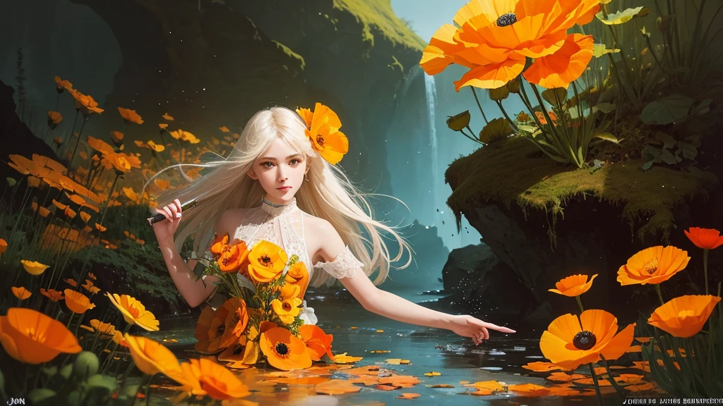32k, Masterpiece, Highest quality, One girl, Detailed eyes, flower,Iceland Poppy, Orange and yellow style,A dreamy, romantic piece,Pale yellow, Mysterious Leaves,A playful arrangement,Fantasy,High Contrast,Ink strokes,explosion,Exposure, Impression of orange and yellow tones,Abstract,((Watercolours by John Berkey and Jeremy Mann )) Brush strokes,Negative Space, Tyndall effect,