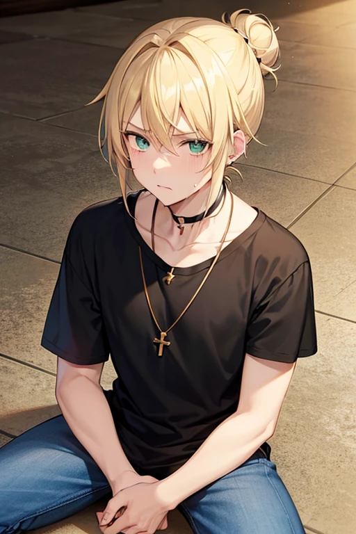 Anime boy, male, neutral expression, with blonde hair tied in a bun, green eyes, black T-shirt, blue jeans, gold cross necklace, holding a crying baby, sitting on floor.