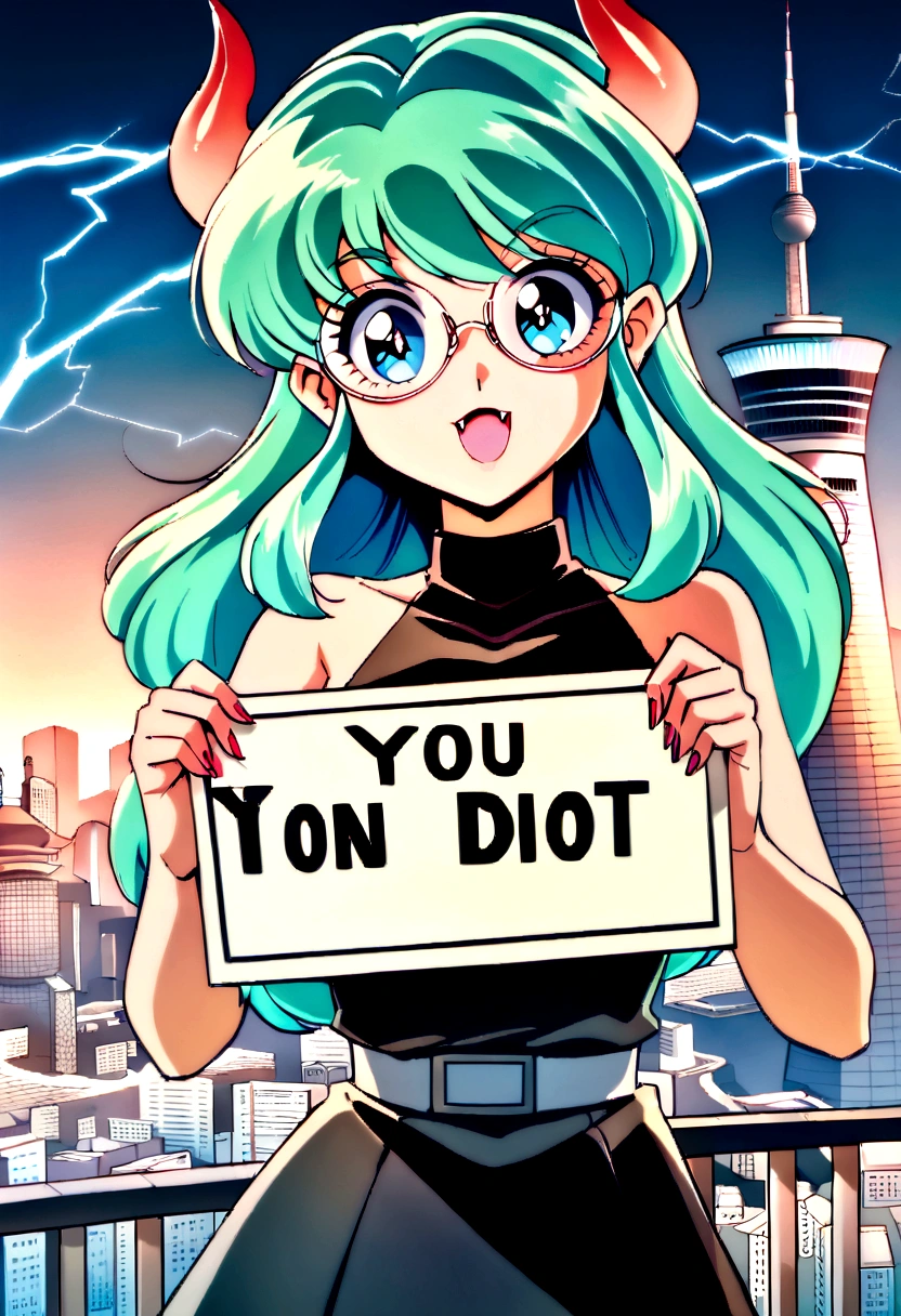 score_9, score_8_up, score_7_up, lum, retro artstyle, 1980s style, blue eyes, eyeshadow, green hair, long hair, horns, bangs, aqua hair, dynamic angle, large round clear aviator glasses, (holding a sign with, text as "DARLING, you idiot!", style_bebas:1.2), looks at the viewer menacingly, aim your hands at the viewer, shoots lightning at the viewer, shocks the viewer with electricity, bares her fangs, Revolving Restaurant, China Central Television Tower, Beijing background, ExpressiveH