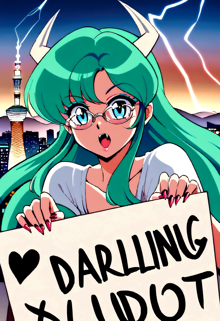 score_9, score_8_up, score_7_up, lum, retro artstyle, 1980s style, blue eyes, eyeshadow, green hair, long hair, horns, bangs, aqua hair, dynamic angle, large round clear aviator glasses, (holding a sign with, text as "DARLING, you idiot!", style_bebas:1.2), looks at the viewer menacingly, aim your hands at the viewer, shoots lightning at the viewer, shocks the viewer with electricity, bares her fangs, Revolving Restaurant, China Central Television Tower, Beijing background, ExpressiveH