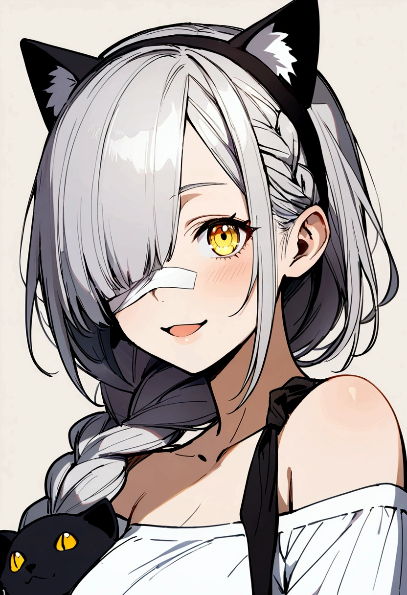 1 girl, Alone, wide, looking at the viewer, black fur, bandage on face, yellow eyes, animal ears, SMILE, bandage on nose, braid, cat ears, bandage, hits, old, fake animal ears, simple background, Open mouth, canine, , bare shoulders, SCAR, teeth, shirt, bare shoulders, white shirt, short sleeves, Closed mouth, t-shirt, hair over one eye, portrait, if, hair over the shoulder, Bermuda,