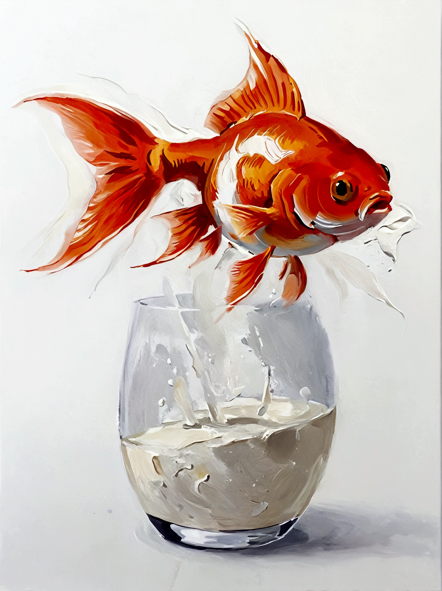 A goldfish,Perfect proportion,symmetry,vanilla,bright,White background,real,emotion,Thick textured paint,