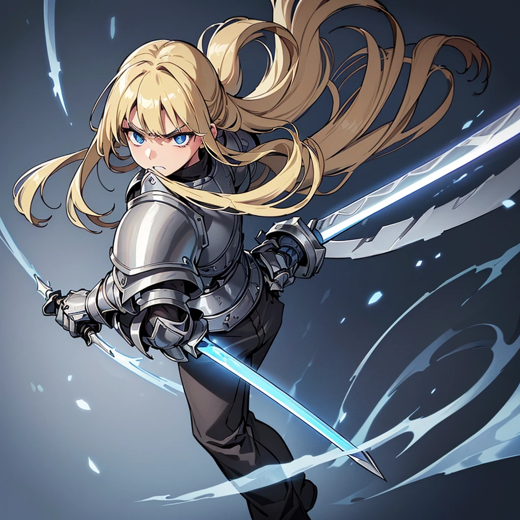 (((Solo)))、(Full body character concept)、Highest quality, Best Quality、(((Gray simple armor、Black trousers))、(woman、18-year-old)、(Blonde、Long Hair)、(Simple Background)、(get annoyed、Grit your teeth)、(Cowboy Shot)、Glowing blue aura、(sword、Deathblow、flash)、Movement angle、(From above at an angle)