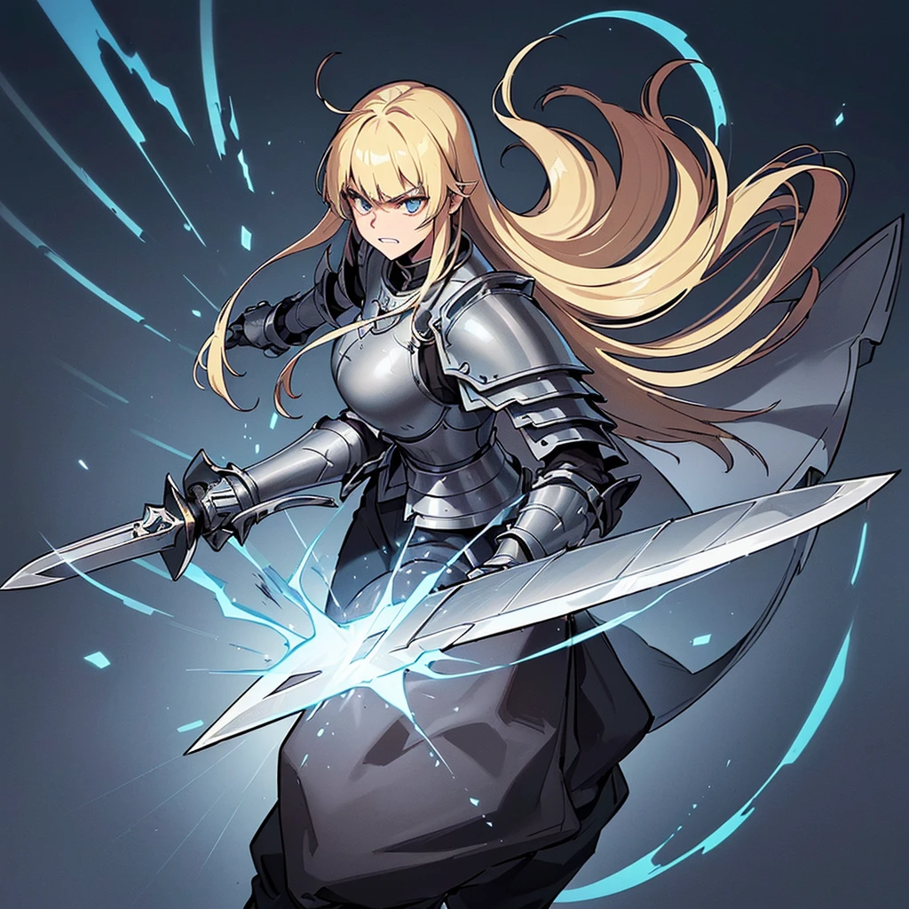 (((Solo)))、(Full body character concept)、Highest quality, Best Quality、(((Gray simple armor、Black trousers))、(woman、18-year-old)、(Blonde、Long Hair)、(Simple Background)、(get annoyed、Grit your teeth)、(Cowboy Shot)、Glowing blue aura、(sword、Deathblow、flash)、Movement angle、(From above at an angle)