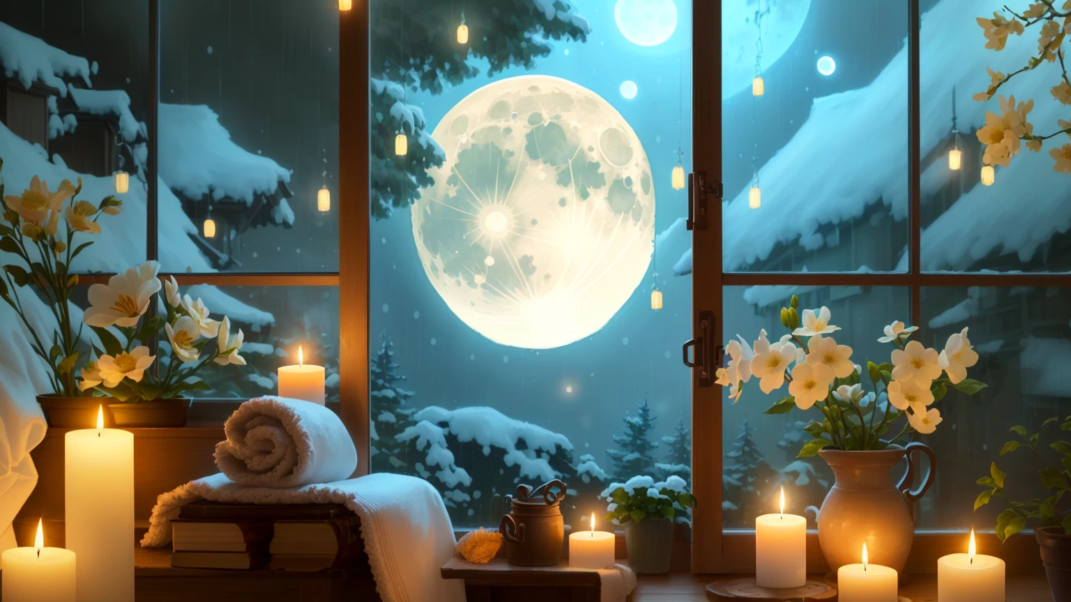Candles and flowers on a windowsill in front of a full moon, night with Moon and candle, Dreamy atmosphere of a moonlit night, Moon and candle, moonlight snowing, Full moon rainy night, beautiful moonlight night, Beautiful moonlight, at night with moon light, Full moon night, quiet night. Digital Illustration, Cozy home background
