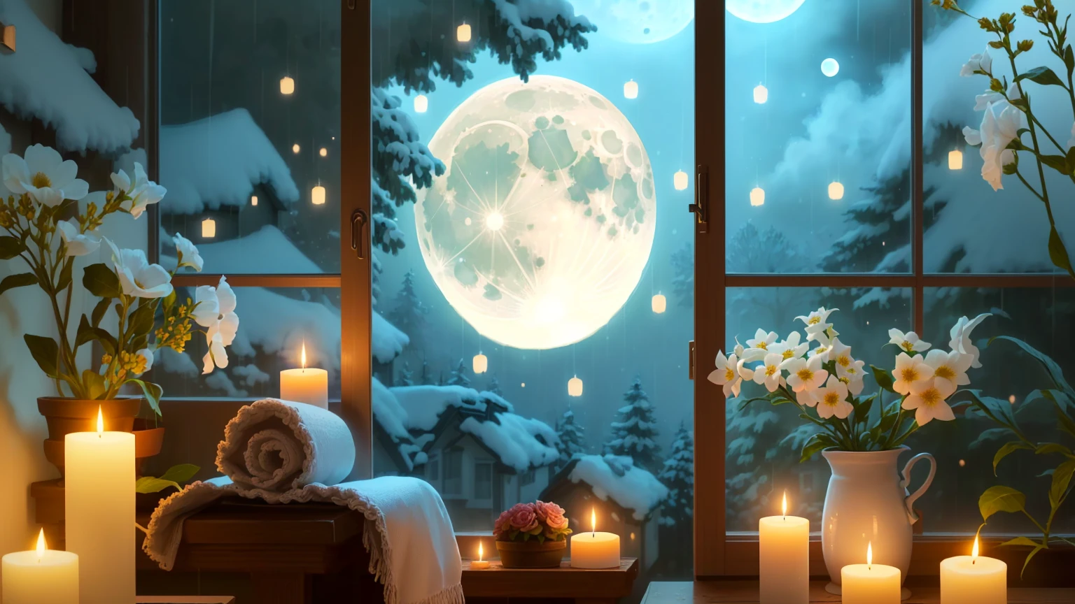 Candles and flowers on a windowsill in front of a full moon, night with Moon and candle, Dreamy atmosphere of a moonlit night, Moon and candle, moonlight snowing, Full moon rainy night, beautiful moonlight night, Beautiful moonlight, at night with moon light, Full moon night, quiet night. Digital Illustration, Cozy home background