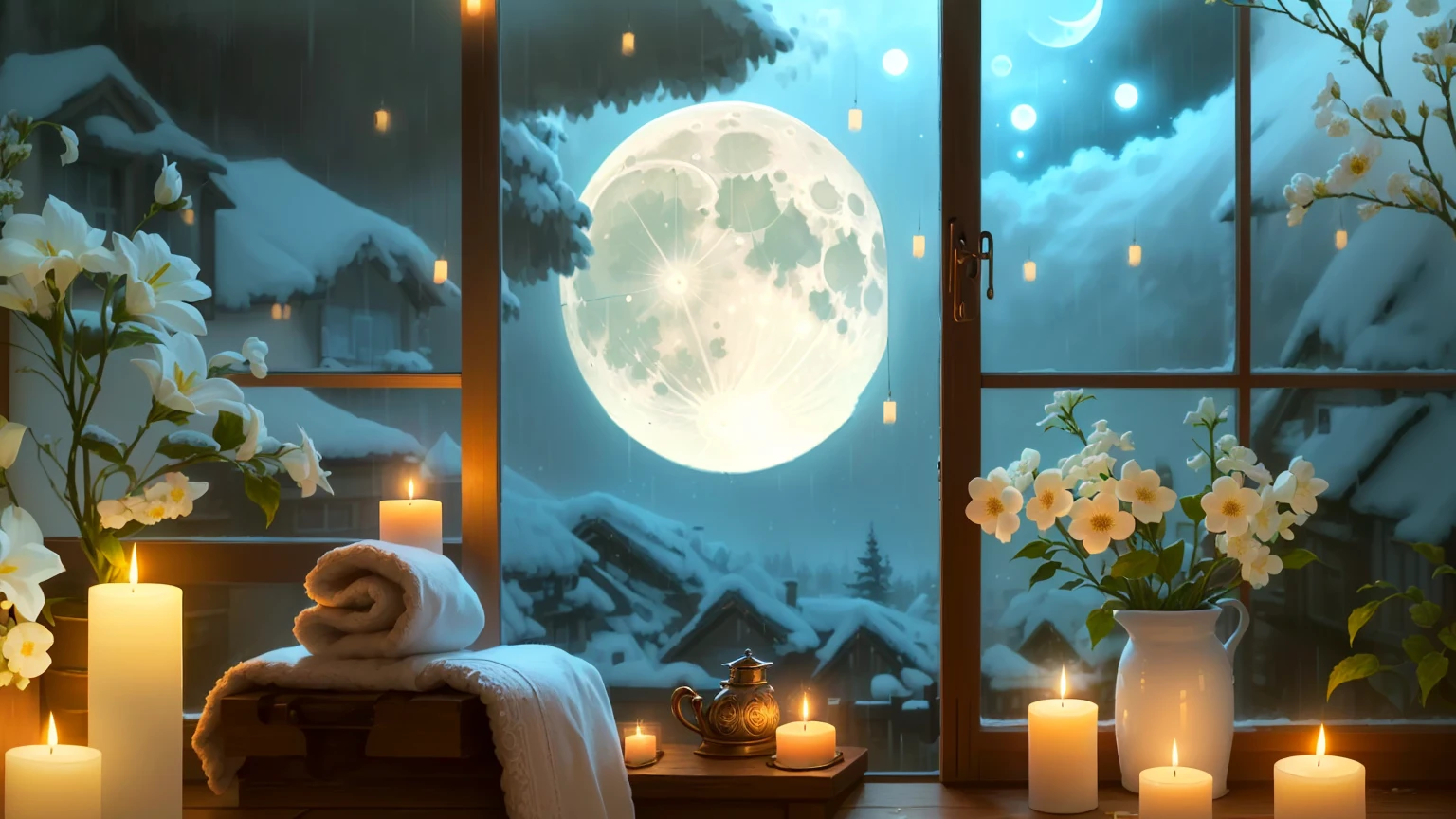 Candles and flowers on a windowsill in front of a full moon, night with Moon and candle, Dreamy atmosphere of a moonlit night, Moon and candle, moonlight snowing, Full moon rainy night, beautiful moonlight night, Beautiful moonlight, at night with moon light, Full moon night, quiet night. Digital Illustration, Cozy home background