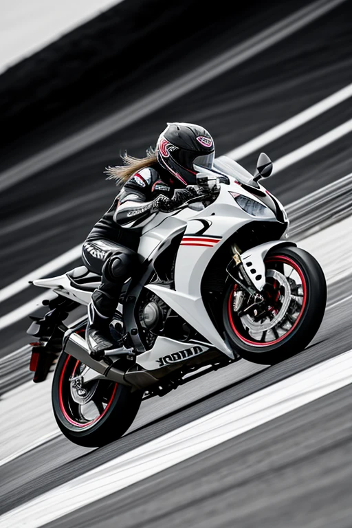 Arafed woman riding a motorcycle on a track black and white silhouette racing honda cbr long hair in wind side view