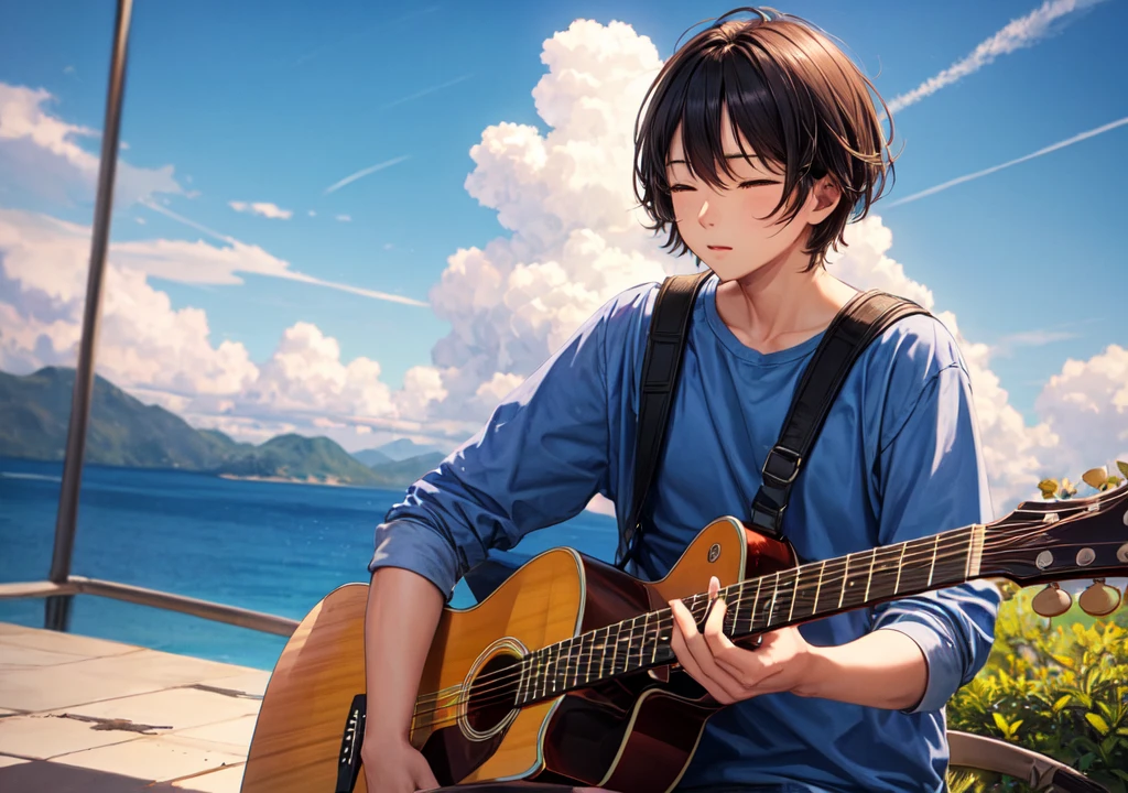 Man playing guitar with view of the sky