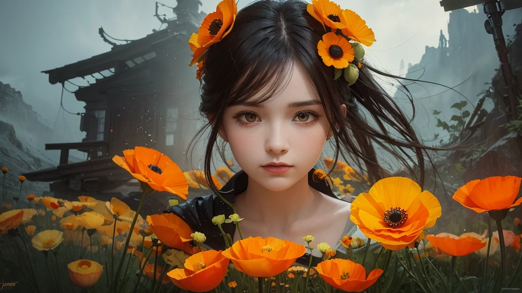 32k, Masterpiece, Highest quality, One girl, Detailed eyes, flower,Iceland Poppy, Orange and yellow style,A dreamy, romantic piece,Pale yellow, Mysterious Leaves,A playful arrangement,Fantasy,High Contrast,Ink strokes,explosion,Exposure, Impression of orange and yellow tones,Abstract,((Watercolours by John Berkey and Jeremy Mann )) Brush strokes,Negative Space, Tyndall effect,