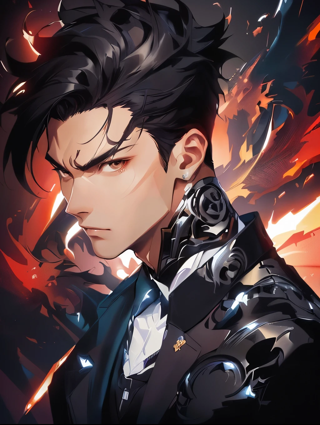 1man, handsome, black hair, brown eyes, wearing suit, ultra high resolution, best quality, masterpiece, rtx,ray tracing, 4k, top quality, highly detailed, official art, stunning visuals 
