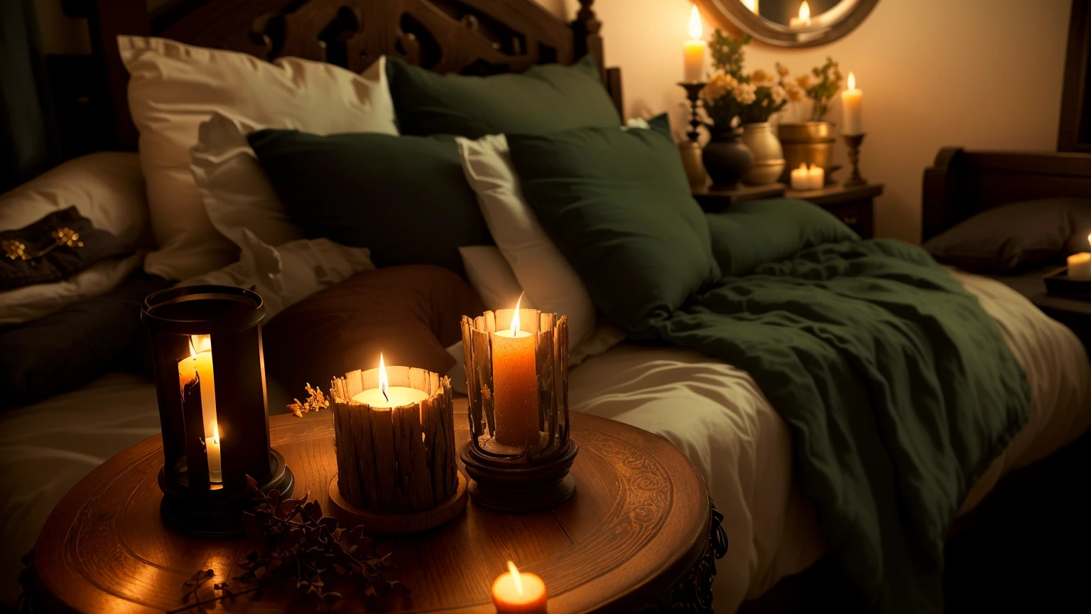 A lit candle on a table in a bedroom with a bed, Cozy candlelight, Candlelit, room full of candles, Natural candle lighting, Cozy atmosphere, Cozy and quiet atmosphere, Cozy atmosphere, Cozy atmosphere, Cozy and calm, Light a candle, Cozy atmosphere, Dark tones and candlelight, Romantic atmosphere, Romantic atmosphere, Home Wicca Scene